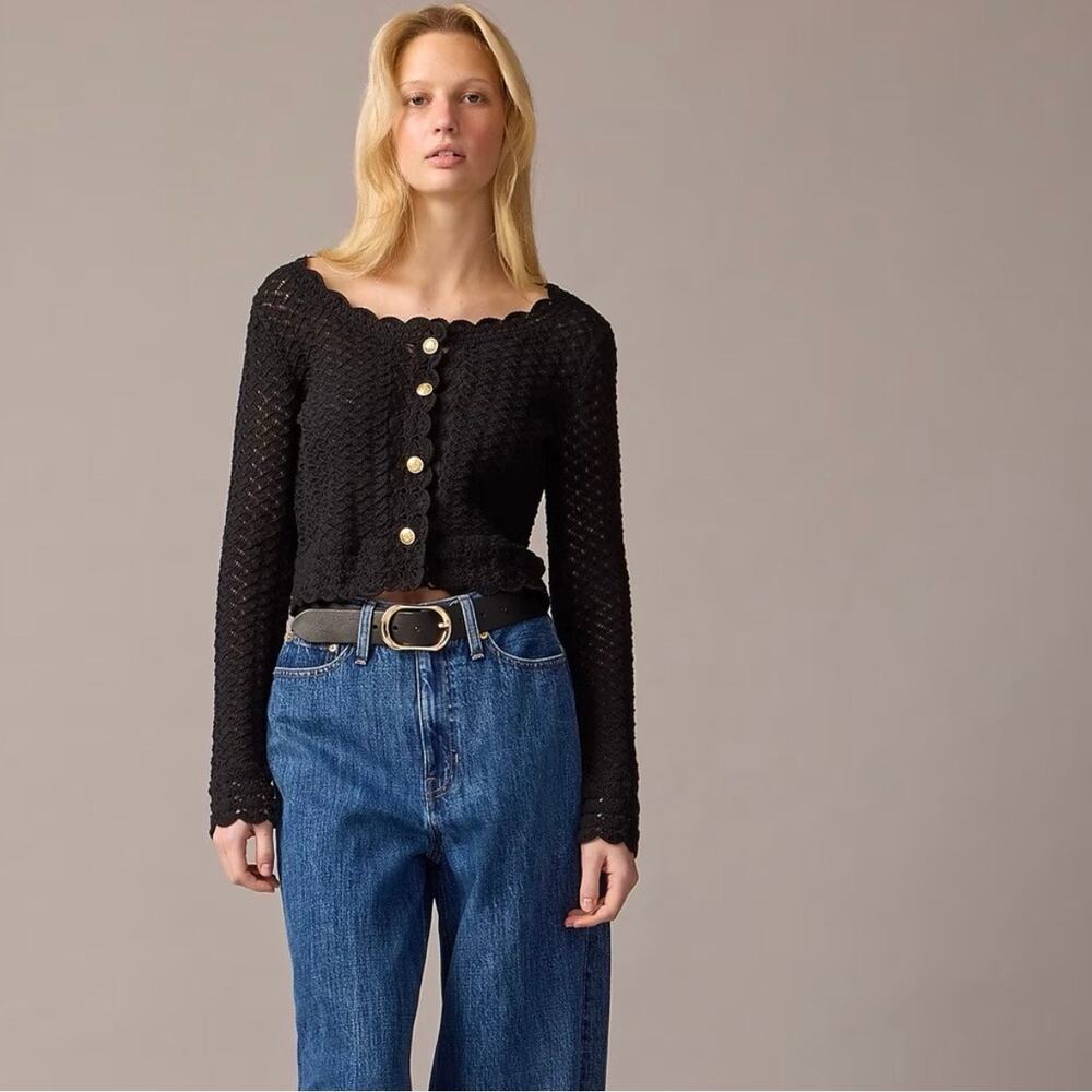 J. Crew Collection Black Crochet Cardigan Sweater Scallop Trim Open Knit Crop S - Picture 3 of 11